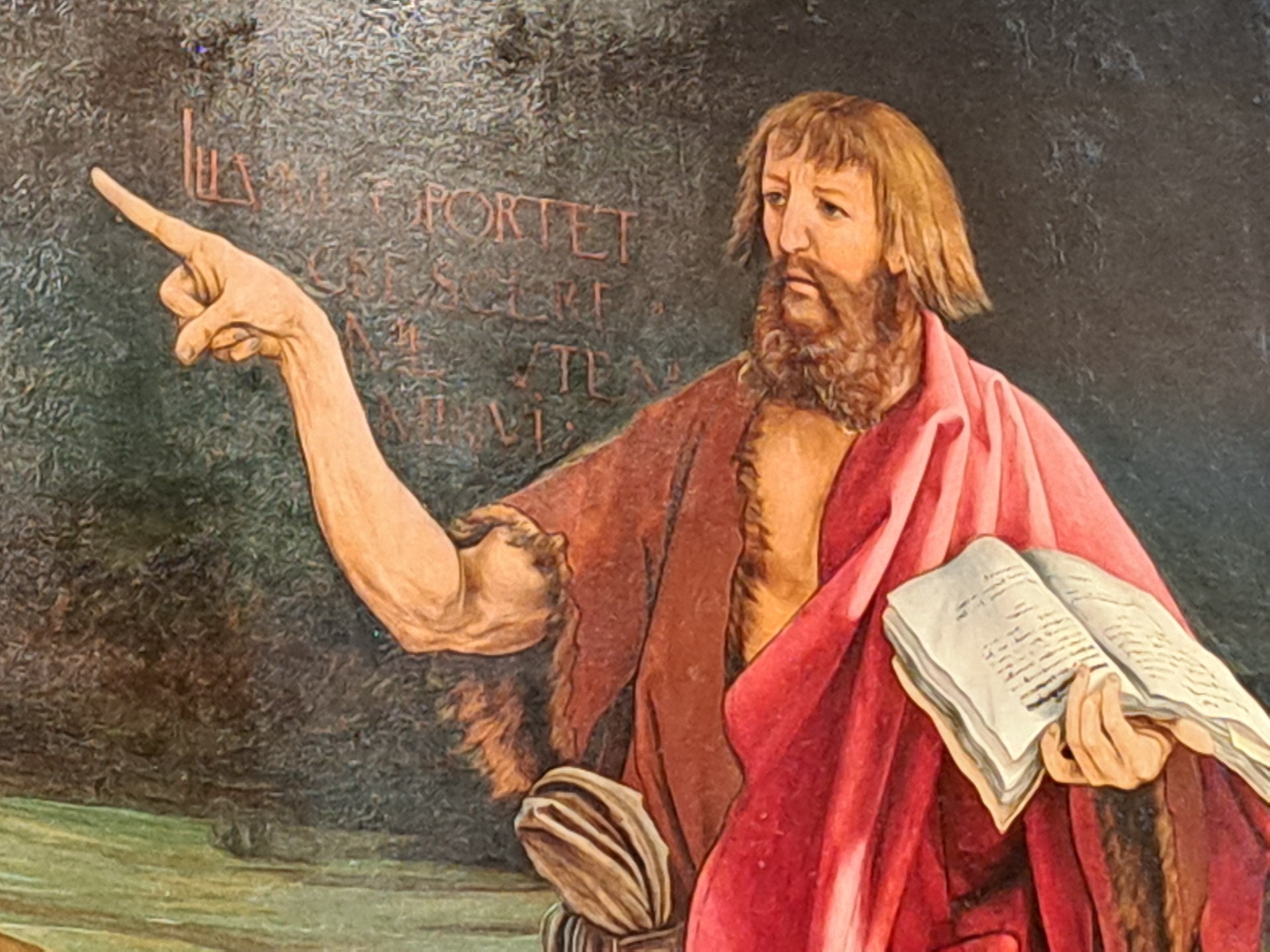 st Jean Baptiste annonce le Christ, en latin: il faut qu'il prenne de l'importance et que je diminue